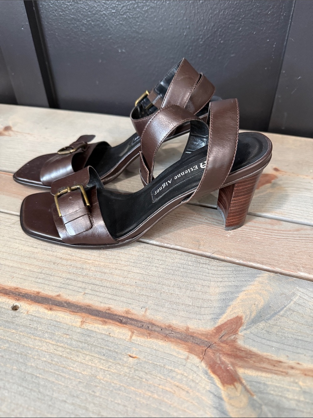 Etienne Aigner Dark Brown Leather Buckle Ankle-Strap Heels - Picture 2 of 3